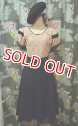 画像: ヴィンテージ40s パフスリーブフレアー黒×ベイビーピンク ドレス