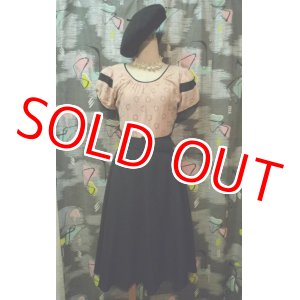 画像: ヴィンテージ40s パフスリーブフレアー黒×ベイビーピンク ドレス