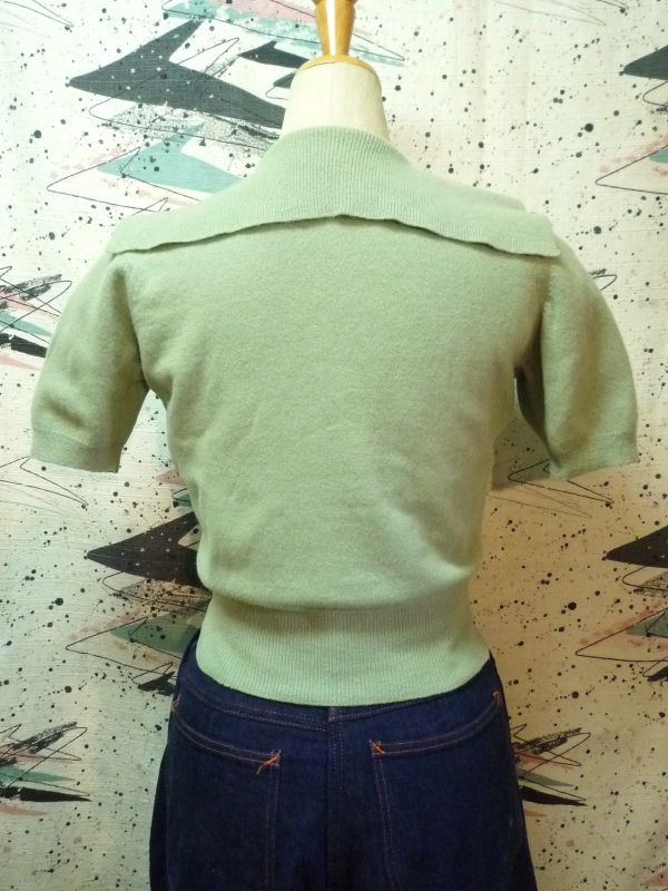 画像: ヴンテージ５０s　ミントグリーンセーラーカシミヤ半袖セーター