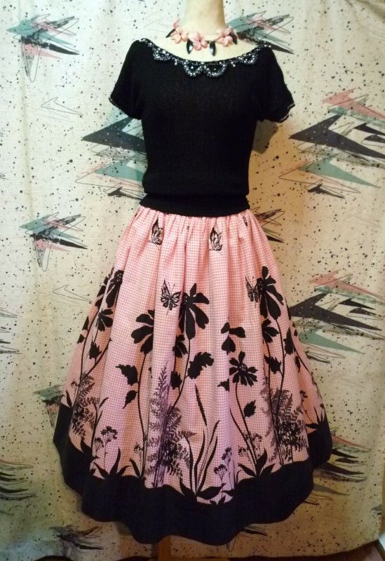 画像: ヴィンテージ 50s黒×ピンク ギンガムチェック フラワープリントスカート
