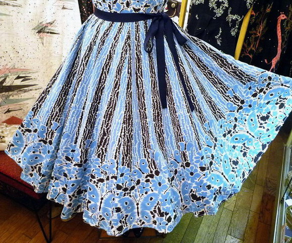 画像: ヴィンテージ 50'sブルー×ブラック バタフライ フラワー ドレス　 